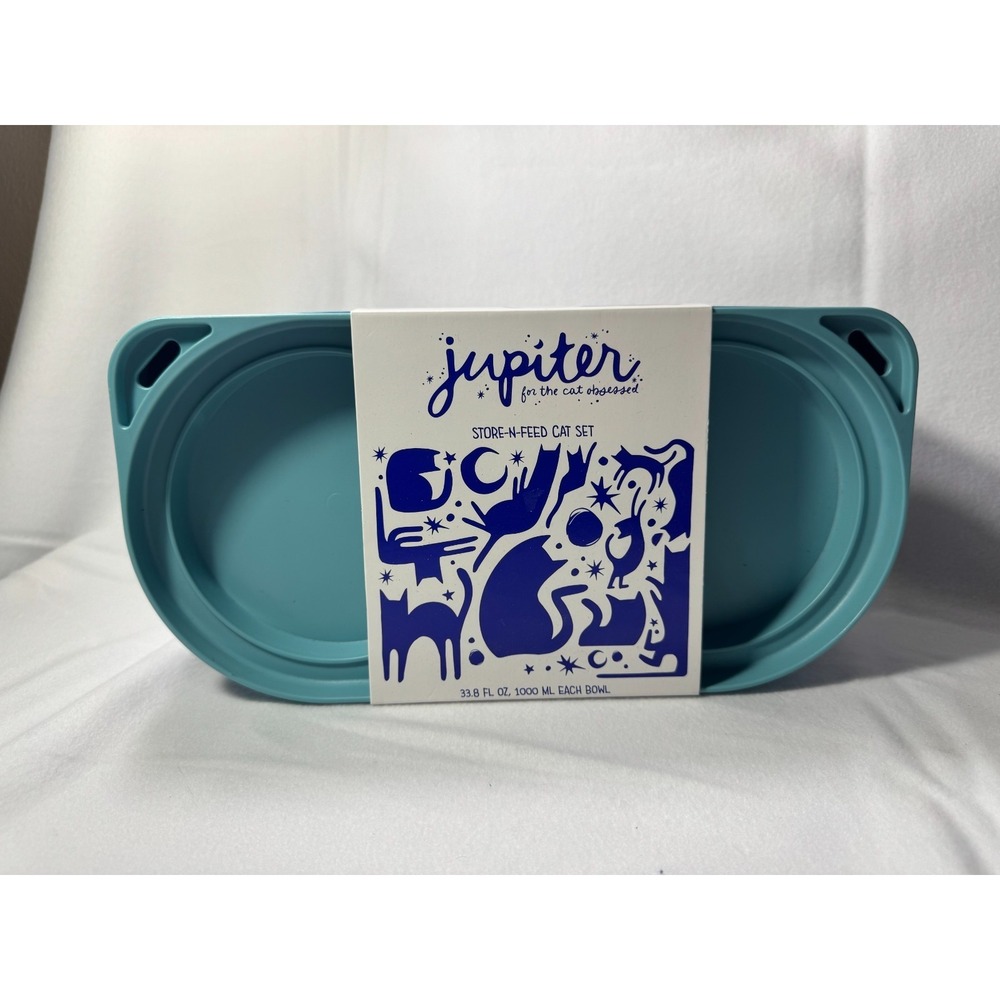 Jupiter Double Cat Bowl Stand & Storage – Teal Elevated Feeder Set